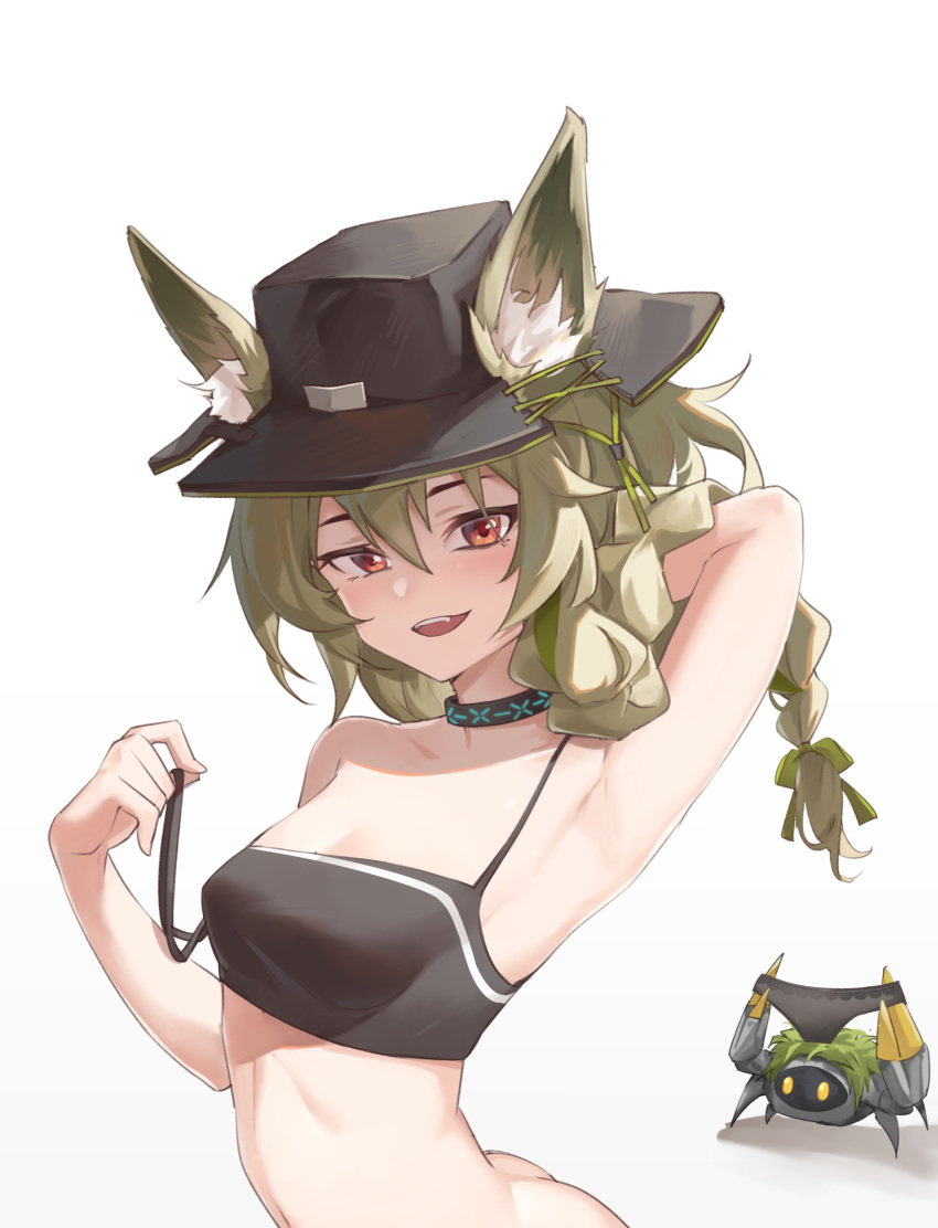 1girls :d absurd_res animal_ear_fluff animal_ears arknights arm_up armpits ass bandeau bangs bare_shoulders beanstalk_(arknights) black_choker black_headwear black_panties camisole choker ears_through_headwear fedora grey_hair hair_between_eyes hat highres hyena_ears hyena_girl ling_huanxiang long_hair looking_at_viewer midriff open_mouth panties red_eyes simple_background smile solo spaghetti_strap strap_pull underwear upper_body white_background