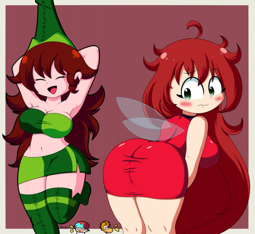 ass ass_in_dress betilla_(rayman) boobs boyfriend_(friday_night_funkin) brown_hair clothing_swap fairy female friday_night_funkin girlfriend_(friday_night_funkin) nymph_(rayman) pokumii rayman rayman_(series) red_hair tight_clothing wings