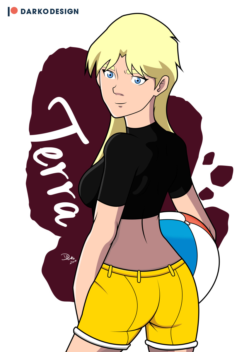 1girls 2019 beach beach_ball blonde_hair darkodesign dc dc_comics female female_only fully_clothed looking_at_viewer looking_back smiling solo tara_markov teen_titans terra_(dc)