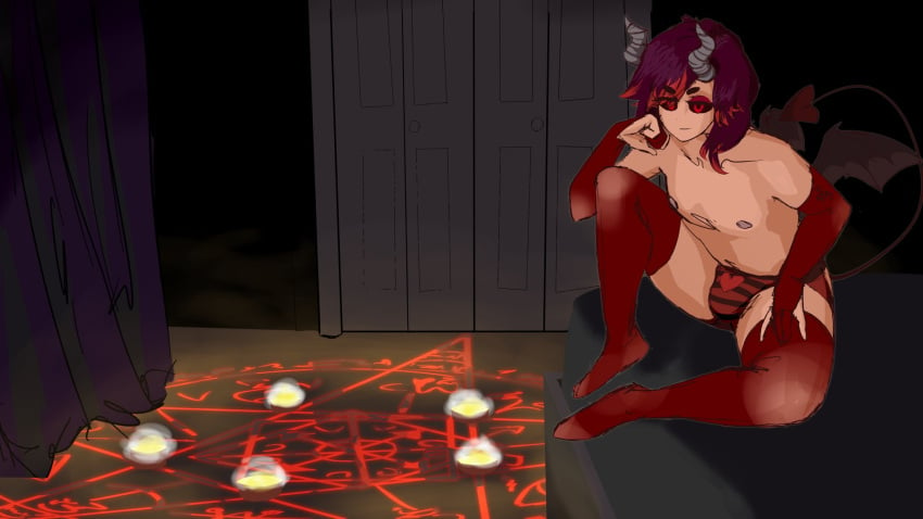 bat_wings bazzasmr bed bedroom bedroom_eyes black_eyes blanket blue_hair blush bulge candles demon demon_boy demon_femboy demon_tail demon_wings devil_horns dom_femboy femboy femboydom horns horny incubus inviting inviting_to_sex looking_at_viewer night open_legs panties rae_san red_eyes red_hair red_panties red_thighhighs satanic seductive seductive_smile smirk star_(symbol) striped_panties summoning summoning_circle thighhighs topless topless_male underwear_only unveilednsfw wings