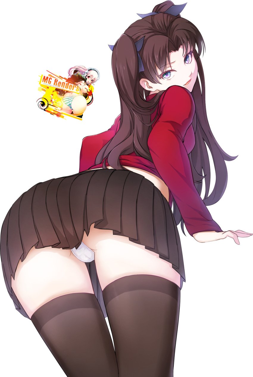 ass black_hair black_legwear black_ribbon black_skirt black_thighhighs blush breasts clothing fate/stay_night fate_(series) female green_eyes inner_thighs legwear long_hair mg_renders pantyshot pantyshot_(standing) red_sweater ribbon skirt sweater thighhighs tohsaka_rin transparent_background underwear white_underwear