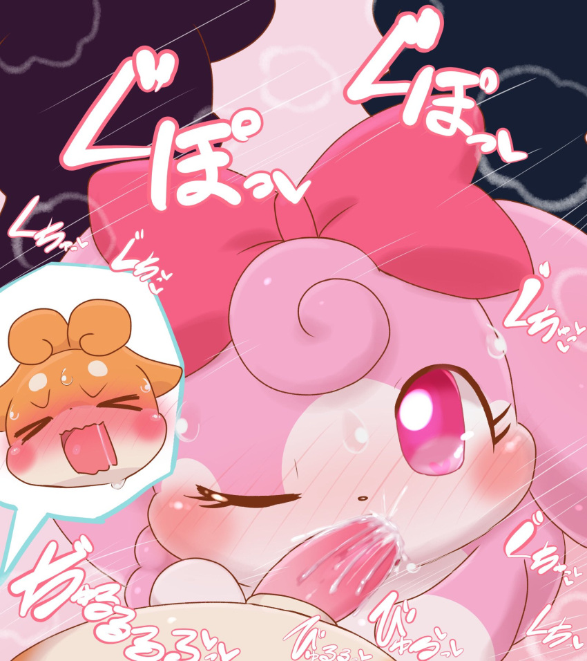 anthro badwingm balls blush bodily_fluids bow_accessory closed_eyes cocotama cum cum_in_mouth cum_inside duo fellatio female female_penetrated fur genital_fluids genitals heart hi_res himitsu_no_cocotama japanese_text luckytama male male/female male_penetrating male_penetrating_female melory one_eye_closed open_mouth oral orange_body orange_fur penetration penile penis pink_body pink_bow pink_eyes pink_fur semi-anthro sex sweat text