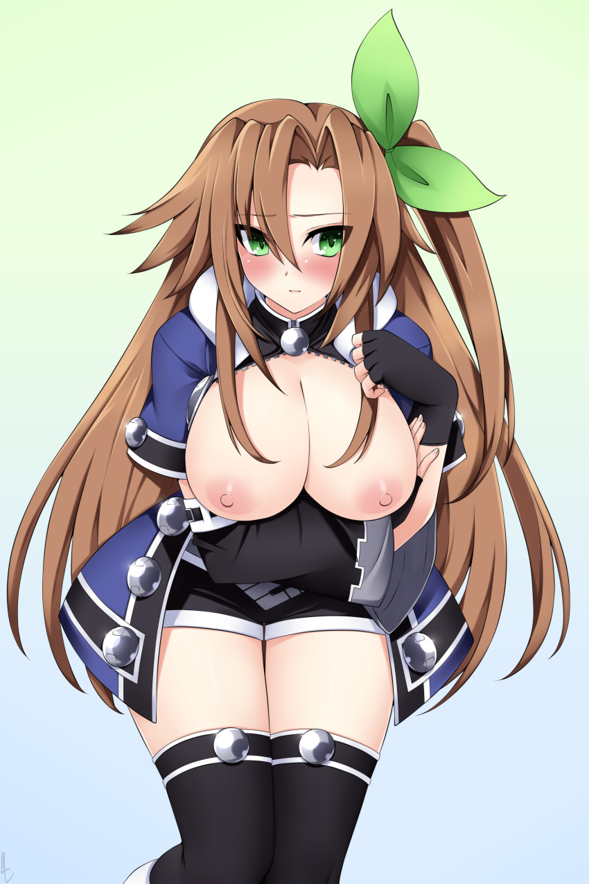 1girls alternate_breast_size alternate_costume black_legwear black_shorts blue_jacket blush breasts brown_hair choker clothing compile_heart cute_face embarrassed female fingerless_gloves green_eyes green_ribbons idea_factory if_(neptunia) jacket large_breasts light-skinned_female light_skin lindaroze long_hair midriff neptunia_(series) nipples no_bra open_mouth ribbon short_shorts shorts smile stockings superdimension_neptune topless