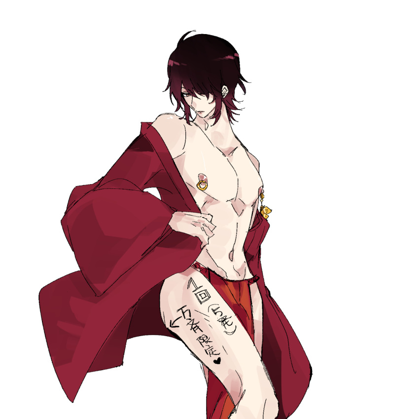 body_writing dark_hair gintama gradient_hair hair_over_one_eye hisagi_(hria_h) japanese_clothes japanese_text kimono loincloth looking_at_viewer male male_only nipple_piercing nipple_rings off_shoulder open_clothes open_kimono pelvic_curtain pierced_nipples purple_hair solo takasugi_shinsuke translated twink