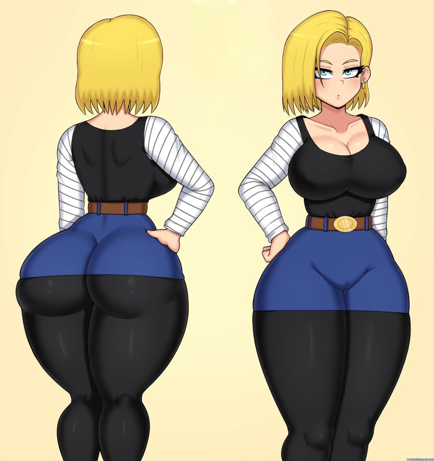 1girls android_18 areola_bulge ass big_ass big_breasts blonde_hair blue_eyes breasts cameltoe dragon_ball dragon_ball_z drunkavocado female female_only fully_clothed large_ass large_breasts looking_at_viewer solo thick_thighs wide_hips