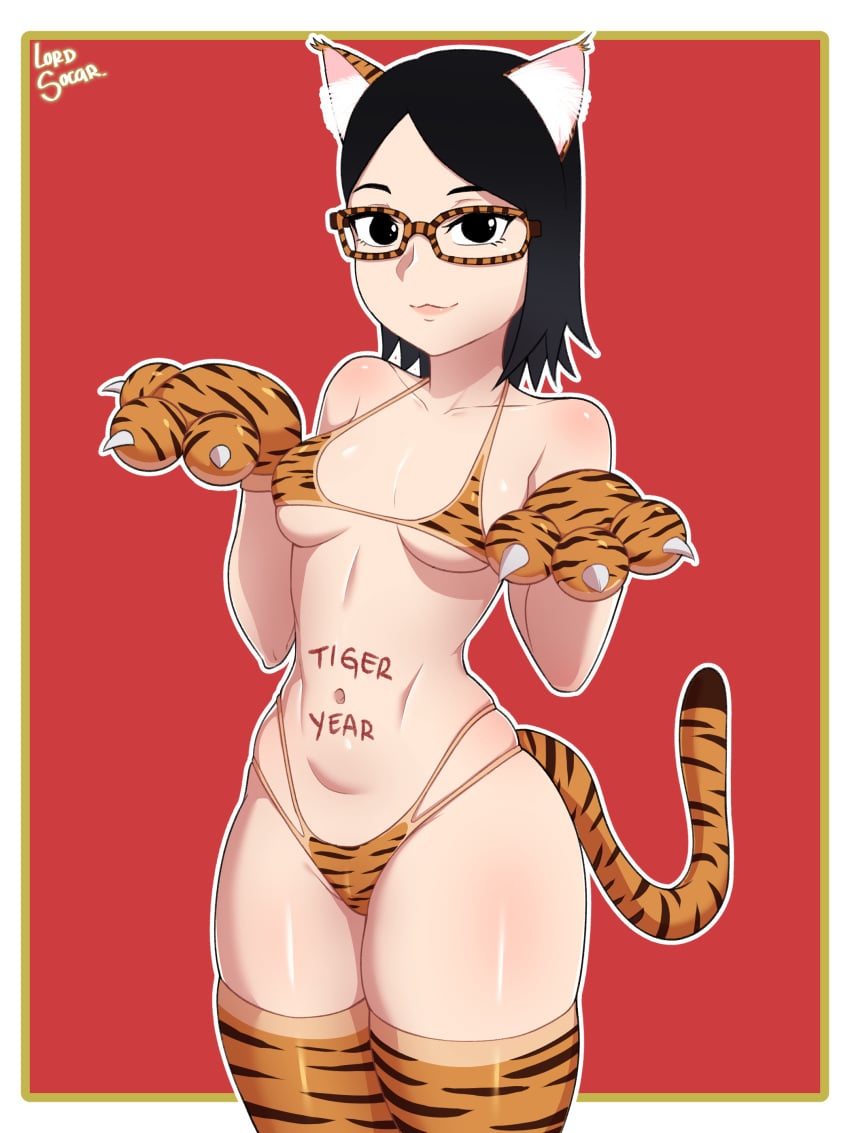 1girls :3 aged_up bare_arms bare_shoulders bikini bikini_bottom bikini_top black_eyes black_hair body_writing bodypaint boruto:_naruto_next_generations child_bearing_hips fake_animal_ears fake_tail female female_focus female_only glasses hi_res highres legwear light-skinned_female light_skin lips lipstick lord_socar micro_bikini naruto naruto_(series) orange_bikini orange_panties orange_swimsuit orange_thong pale-skinned_female pale_skin paw_gloves pawpads paws perky_breasts petite petplay pink_lips pink_lipstick pinup pose posing roleplay sarada_uchiha short_hair shounen_jump skimpy skimpy_bikini small_breasts solo solo_female solo_focus standing stockings swimsuit thick_thighs thighhighs thighs thong tiger_ears tiger_girl tiger_print tiger_tail underboob voluptuous wide_hips year_of_the_tiger