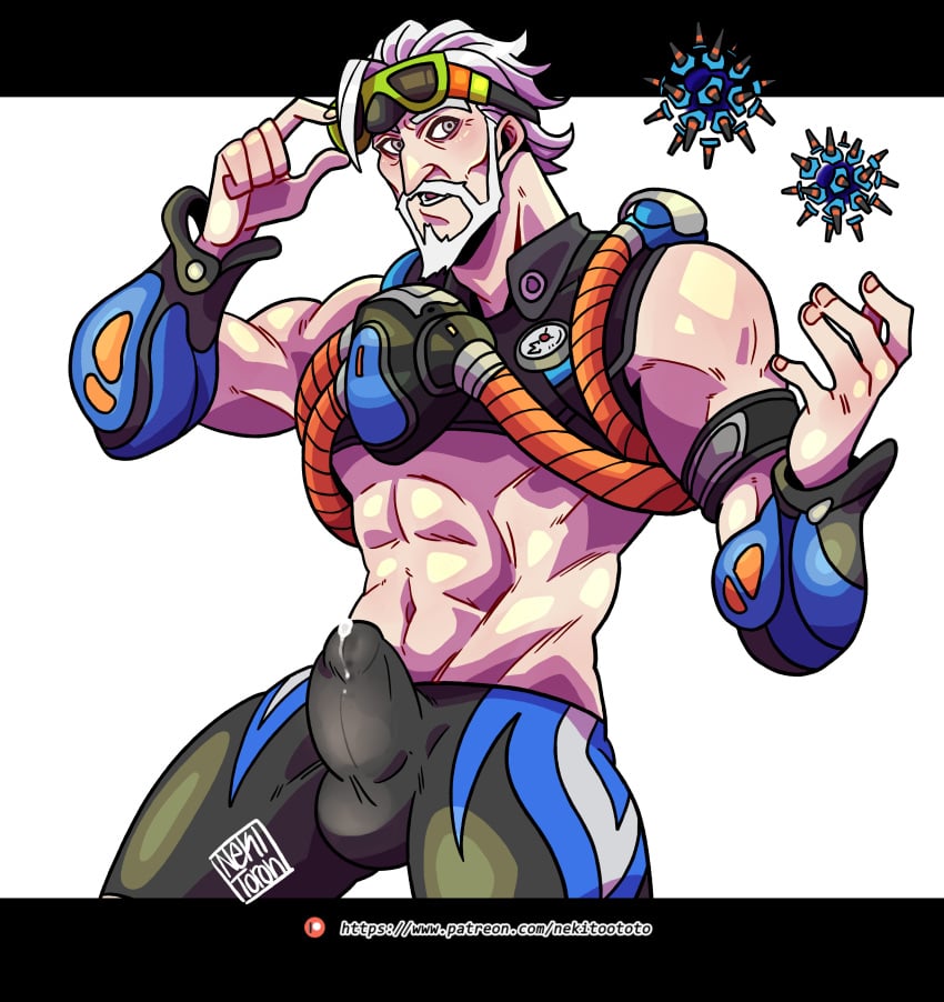 balls beard blizzard_entertainment boner dilf erection erection_under_clothes facial_hair male male_only muscles nekitoototo overwatch penis precum precum_through_clothing scuba_sigma sigma_(overwatch) solo solo_male