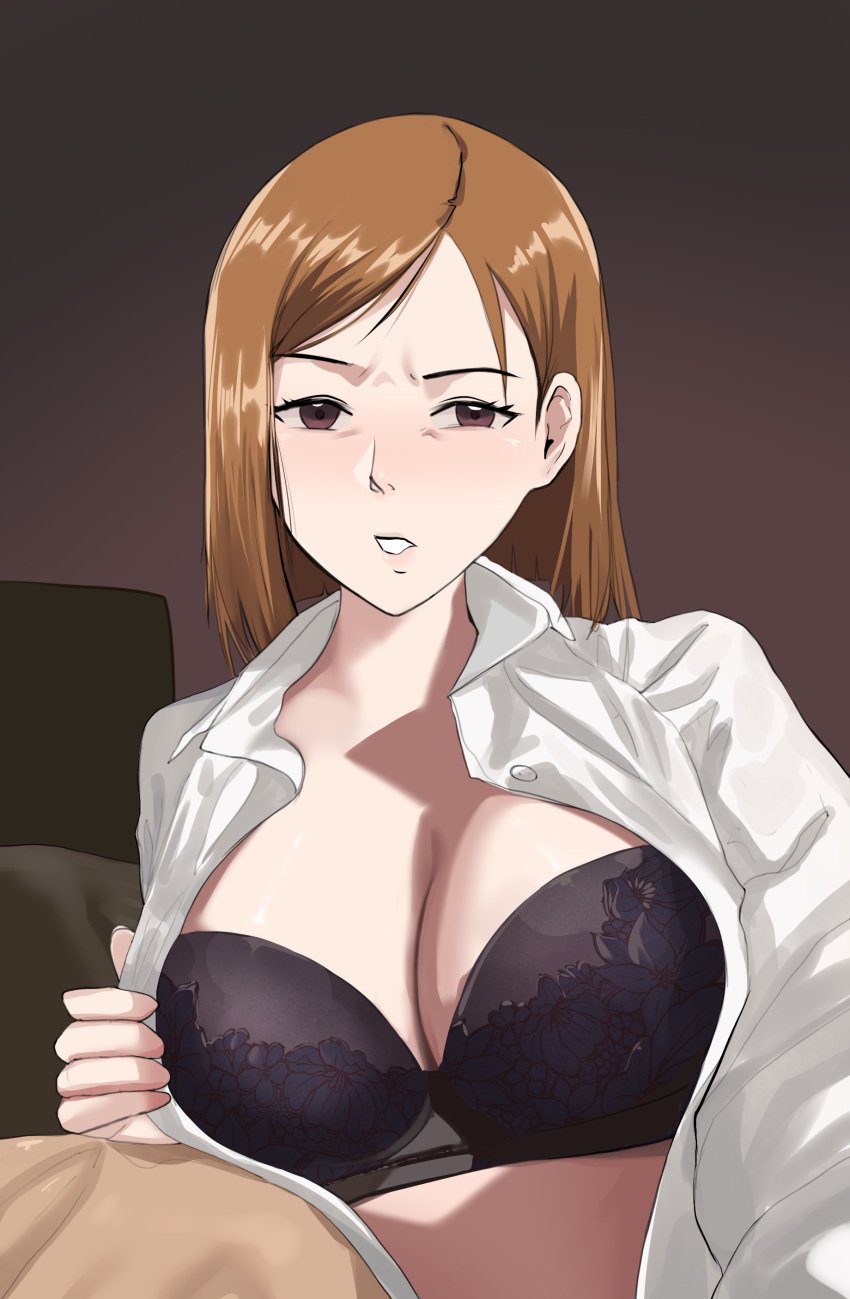 1girls absurdres bellone black_bra bob_cut bra breasts brown_eyes brown_hair cleavage collared_shirt female highres jujutsu_kaisen kugisaki_nobara large_breasts looking_at_viewer open_clothes open_shirt parted_lips presenting presenting_breasts shirt short_hair solo unbuttoned unbuttoned_shirt underwear upper_body white_shirt