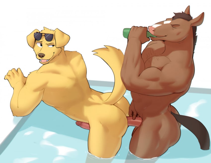 anal anal_sex anthro ass beverage bird_dog bojack_horseman bojack_horseman_(character) bottle brown_body brown_fur canid canine canis closed_eyes domestic_dog drinking duo equid equine erection eyewear eyewear_on_head floppy_ears fur gay gay_anal gay_sex genitals horse humanoid_genitalia humanoid_penis hunting_dog interspecies jrjresq labrador leaning leaning_forward looking_back male male/male male_penetrated male_penetrating male_penetrating_male mammal mr._peanutbutter muscular muscular_anthro muscular_male netflix nude partially_submerged penetration penis retriever sex standing sunglasses sunglasses_on_head swimming_pool water yellow_body yellow_fur