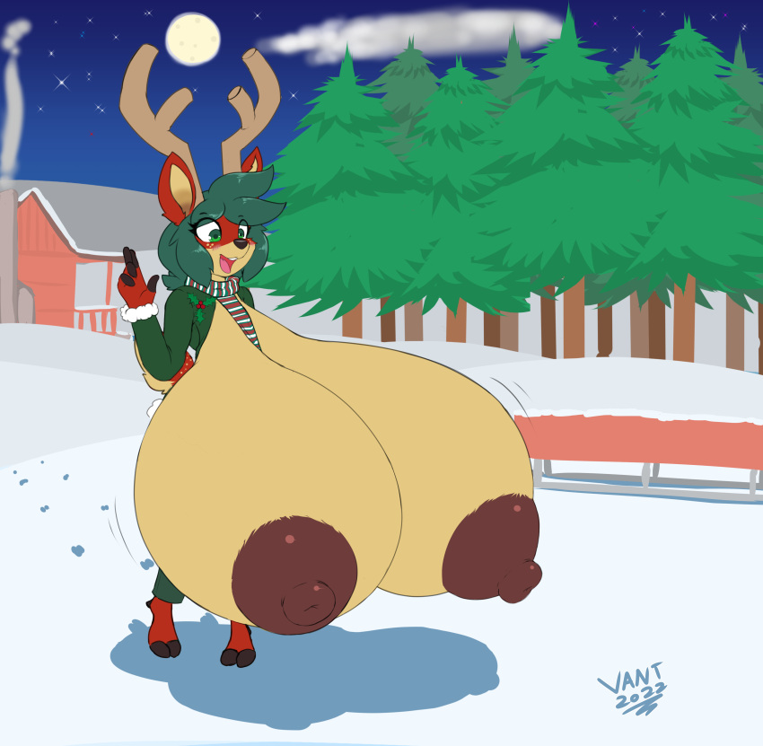 absurd_res anthro antlers areola bell big_breasts bottomwear breasts brown_nipples cabin capreoline cervid christmas clothing countershading exposed_breasts female fur green_bottomwear green_clothing green_eyes green_hair green_jacket green_pants green_topwear hair hi_res holidays holly_(plant) hooves horn huge_breasts hyper hyper_breasts jacket mammal moon night nipples pants plant puffy_areola puffy_nipples red_body red_fur reindeer scarf sled snow solo star tan_body tan_countershading topwear tree vant_talon wardrobe_malfunction winter