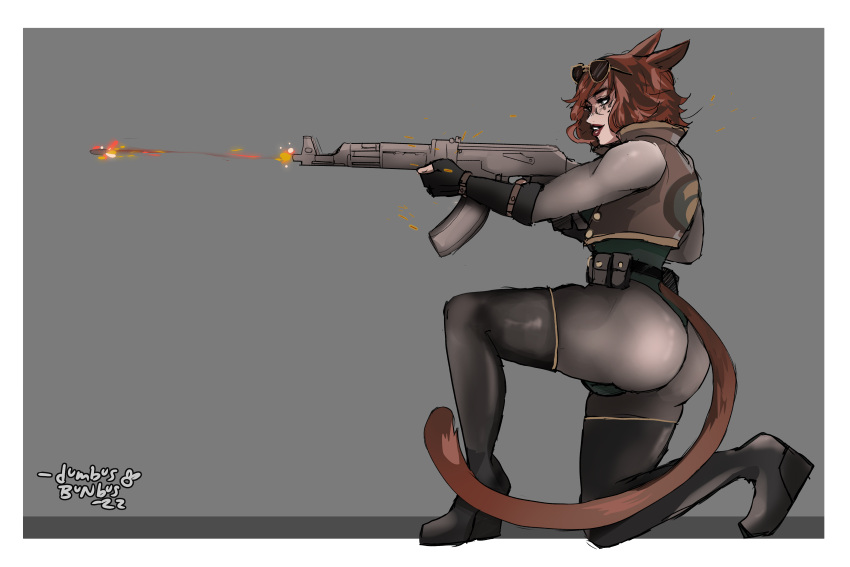 1futa ak-47 animal_ears animal_genitalia big_ass big_thighs breasts brown_hair bulge cat_ears cat_tail catgirl clothed clothing commission commissioner_upload dumbusbunbus facial_markings final_fantasy final_fantasy_xiv flaccid full_body fully_clothed futanari gun heterochromia humanoid kemonomimi kneeling leotard light-skinned_futanari light_skin lips lipstick miqo'te panty_bulge qathrin_tia short_hair solo sunglasses sunglasses_on_head thigh_highs