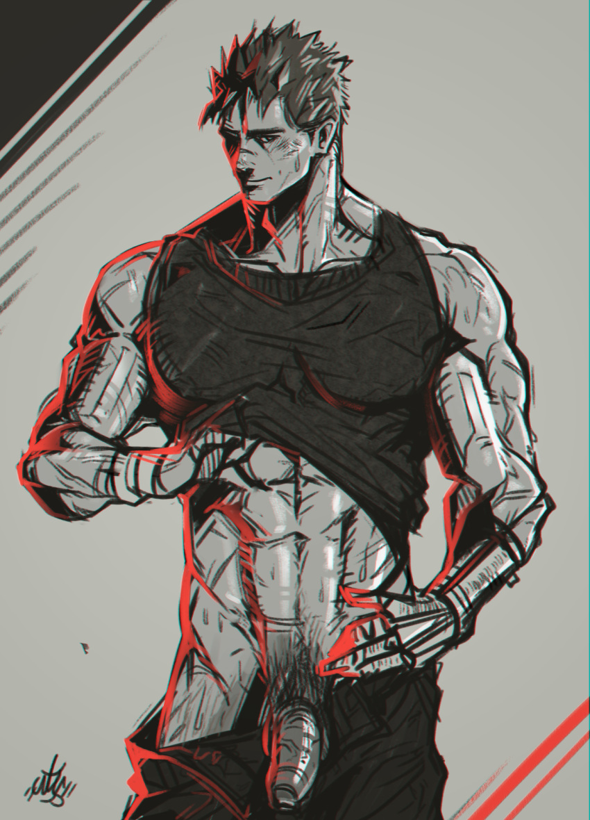 1boy abs berserk deadbeatincubus guts_(berserk) male male_only mechanical_arm muscular_arms muscular_male penis solo