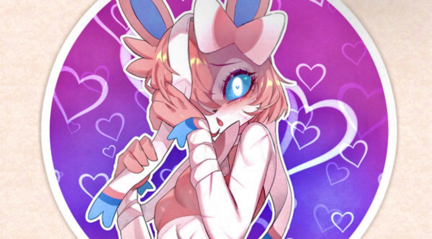 blue_eyes blush cleavage drunkoak eeveelution female female_focus female_only generation_6_pokemon hair_over_one_eye heart heart-shaped_pupils open_mouth pink_hair pokémon_(species) pokemon pokemon_(species) pokemon_xy ribbons smile sylveon