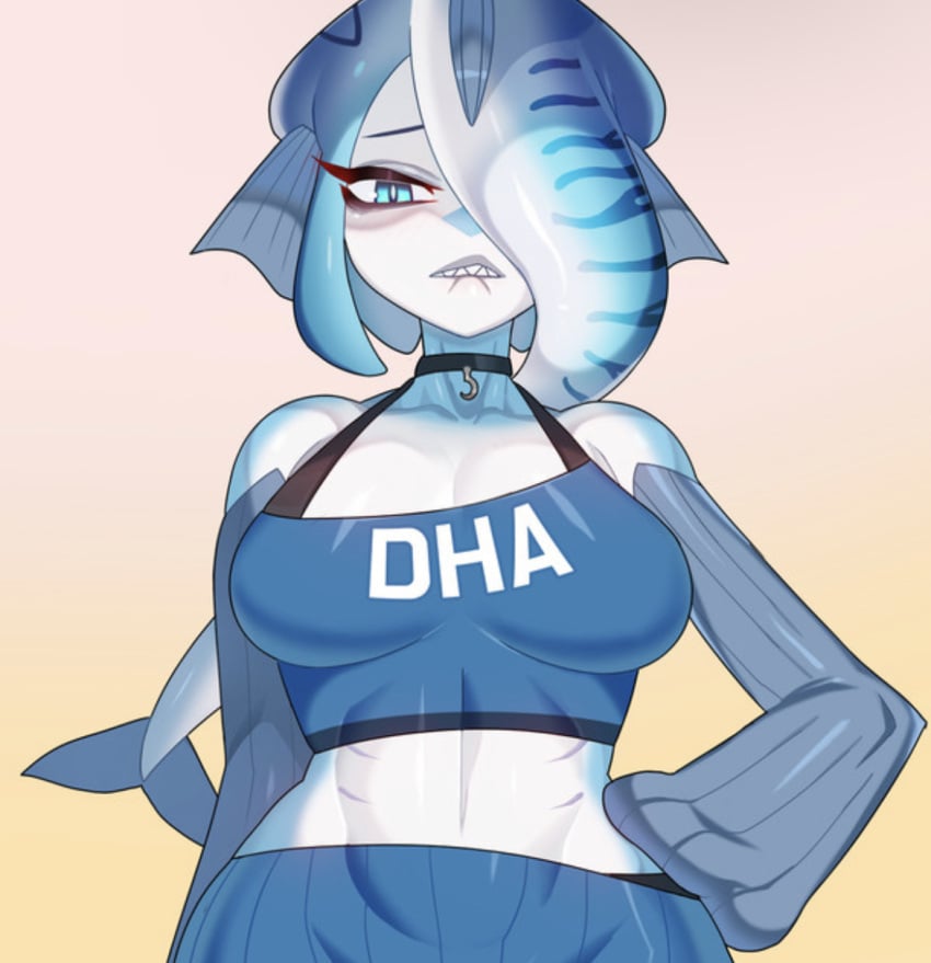 anthro bare_shoulders bare_stomach big_breasts biting_lip blue_eyes choker drunkoak female female_focus female_only fins fish fish_girl pink_background shark shark_girl sharp_teeth tank_top toned toned_female