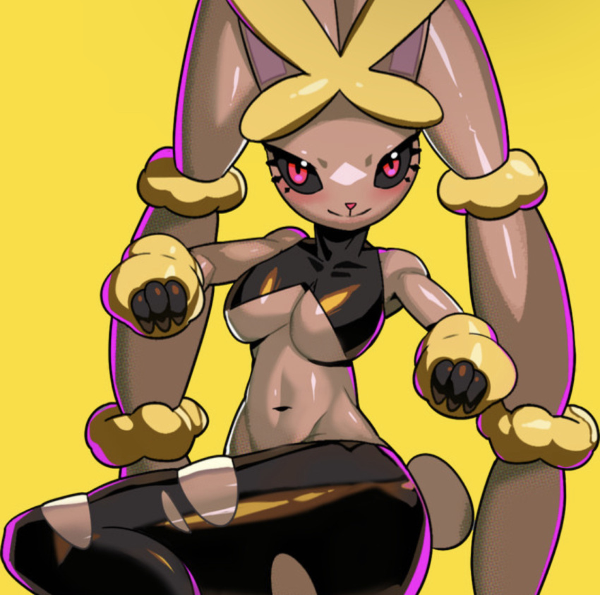 anthro bare_shoulders belly_button blush bunny bunny_ears bunny_girl bunny_tail drunkoak furry generation_4_pokemon leggings long_eyelashes lopunny mega_lopunny nintendo pink_eyes pokémon_(species) pokemon pokemon_(species) pokemon_bw pokemon_only skinny smile thick_thighs toned toned_female torn_clothes torn_legwear underboob yellow_background