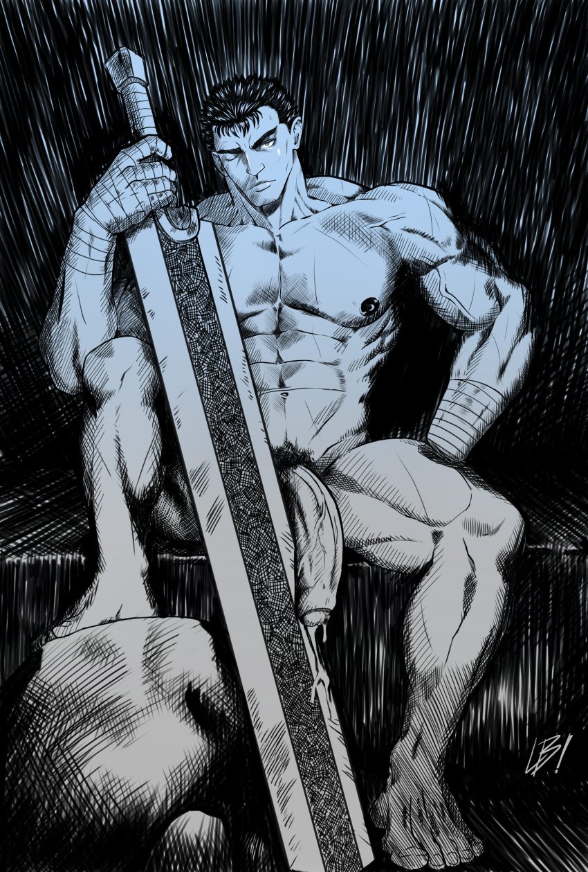 1boy amputee berserk flaccid guts_(berserk) large_penis lupin_barnabi male male_only monochrome muscular_male nude nude_male penis pubic_hair solo solo_male veiny_penis