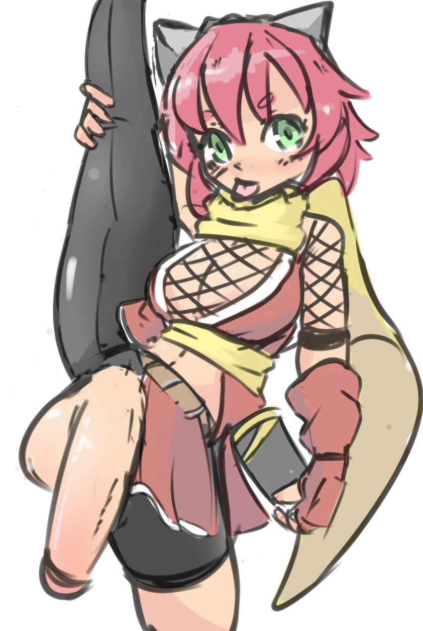 1futa balls big_penis breasts character_request cleavage clothed clothing fishnets flaccid futa_only futanari green_eyes human izuna izuna_(gouma_reifuden_izuna) leg_hold_pose leg_lift legend_of_the_unemployed_ninja light-skinned_futanari light_skin mostly_clothed ninja penis pink_hair scarf short_hair solo splits standing tights tongue tongue_out twonuki vertical_splits