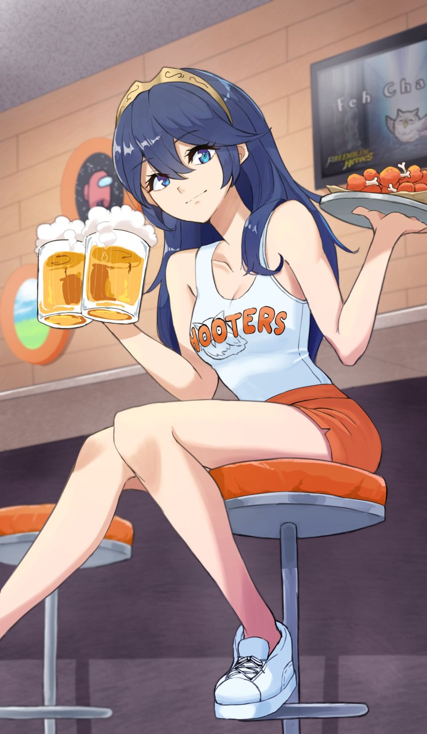 1girls absurdres alcohol alternate_costume among_us bangs beer beer_mug blue_eyes blue_hair breasts cleavage commentary cup english_commentary feh_(fire_emblem_heroes) female female female_only fire_emblem fire_emblem_awakening fire_emblem_heroes grimmelsdathird hair_between_eyes highres holding holding_cup holding_tray hooters indoors long_hair looking_at_viewer lucina_(fire_emblem) medium_breasts mug nintendo orange_shorts shirt shoes short_shorts shorts sitting smile solo tank_top tray uniform waitress white_footwear white_shirt