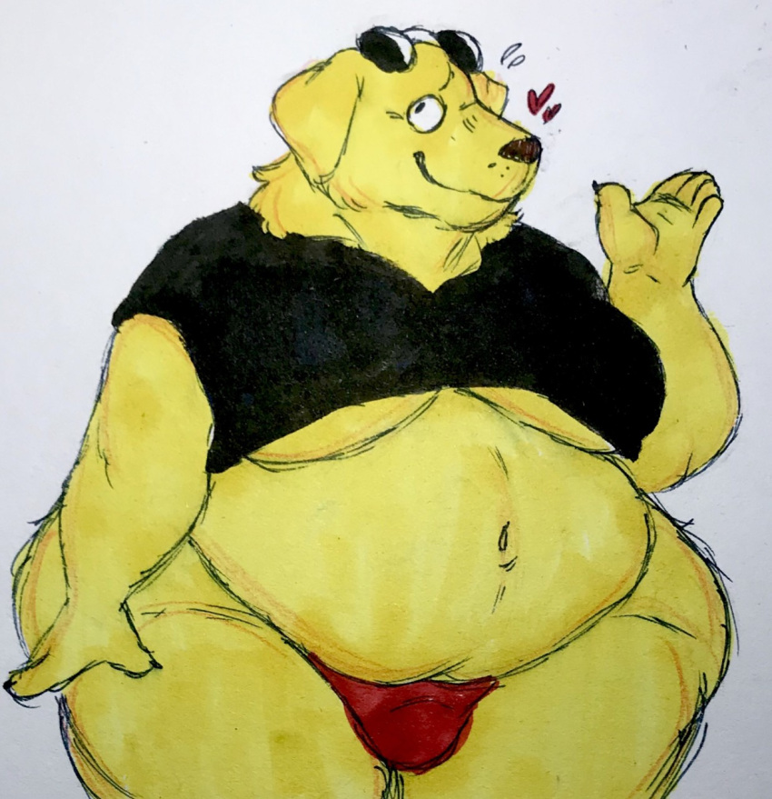 anthro bara belly belly_button bojack_horseman bottomwear canid canine clothing dog filthyopossum fur furry golden_retriever headwear heart hips male male_only mr._peanutbutter obese obese_anthro obese_male overweight overweight_anthro overweight_male shirt solo sunglasses sunglasses_on_head topwear underwear wave wide_hips yellow_body yellow_fur