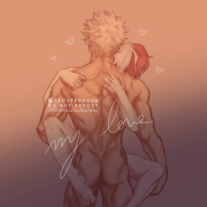 2boys arms_around_partner completely_nude gay_sex heart hugging katsuki_bakugou legs_around_partner male male_only muscular muscular_back muscular_male my_hero_academia nude shouto_todoroki spiky_hair ssuupernova stand_and_carry_position standing standing_sex two_tone_hair yaoi