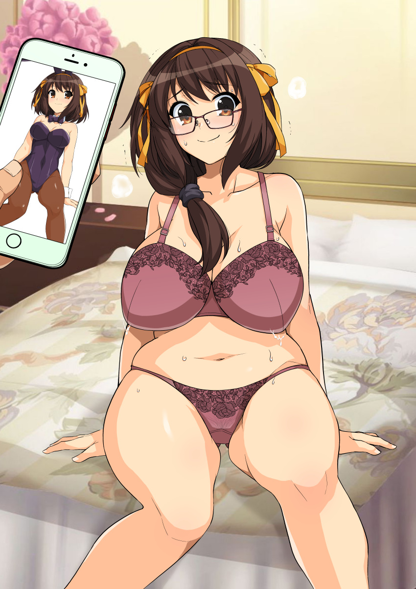 1girls age_progression aged_up alternate_age bed bedroom before big_breasts blush bra brown_eyes brown_hair chubby chubby_female cleavage fat fat_girl fat_woman female glasses grown_up haruhisky hi_res high_resolution highres lingerie milf navel nervous overweight overweight_female panties phone photo solo suzumiya_haruhi suzumiya_haruhi_no_yuuutsu sweat sweatdrop sweating tagme underwear