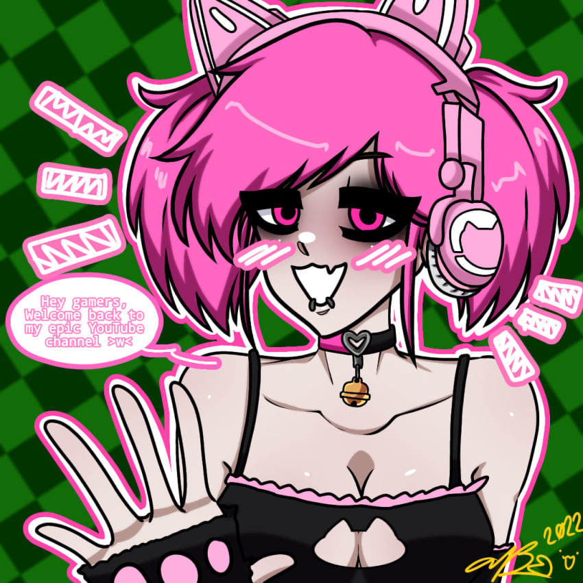 cat_ears cat_girl catgirl cute_deth cute_deth(artist) cute_deth(character) english_text gloves looking_at_viewer pale_skin pink_eyes pink_hair small_breasts twintails youtube youtuber youtuber_girl