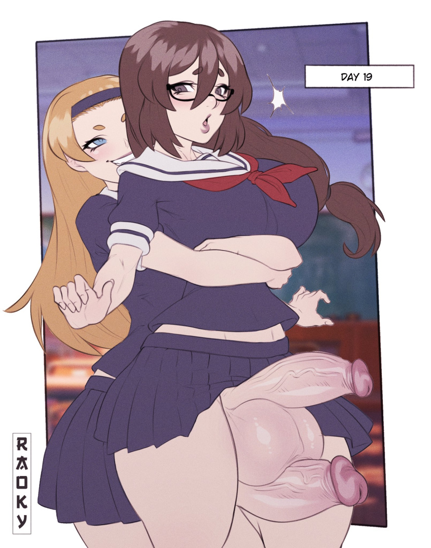 2022 2futas balljob balls balls_on_penis bangs big_breasts blonde_hair bottomless breasts brown_hair clothed clothing duo english_text erect_nipples_under_clothes erection erection_under_skirt from_behind futa_on_futa futa_only futanari glasses headband hiroko_(raoky) huge_balls huge_cock human light-skinned_futanari light_skin long_hair mostly_clothed no_nut_november oversized_balls penis raoky school_uniform schoolgirl skirt standing sumi_(raoky) text thigh_sex