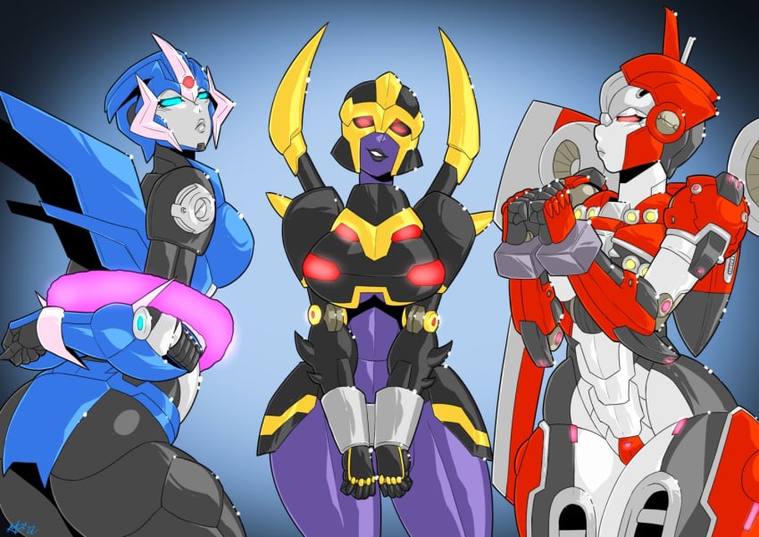 3girls arcee arcee_(prime) ass big_ass big_breasts big_butt blackarachnia bondage breasts crotch_plate fat_ass handcuffs huge_ass large_ass large_breasts mad-project pout robot robot_girl shatter_(transformers) smile thick_thighs thighs transformers transformers_animated transformers_prime