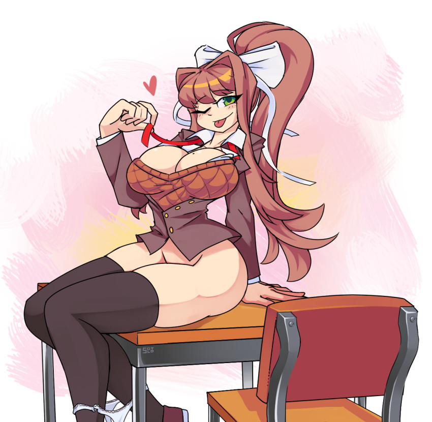 1girls :p big_breasts bimbo black_legwear black_thighhighs blush bottomless bow breasts brown_hair chair desk doki_doki_literature_club female flirting flirting_with_viewer green_eyes heart hips huge_breasts huge_hips huge_thighs large_breasts legwear long_hair looking_at_viewer monika_(doki_doki_literature_club) no_panties no_skirt panties panties_around_legs panties_down ponytail shoes sitting sitting_on_desk solo square_of_light thick_thighs thighhighs thighs tongue tongue_out undressing vest white_bow white_panties wide_hips wink winking winking_at_viewer