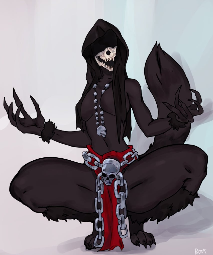 1girls 2021 anthro black_body buta99 chain_belt chains female female_only full_body hi_res hood loincloth looking_at_viewer necklace obscured_eyes partially_clothed sharp_claws skull skull_head skull_necklace solo squatting tail thick_thighs zut'el