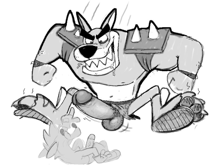 2boys activision anthro ass bandicoot crash_(series) crash_bandicoot duo erection fur furry furry_only gay genitals imminent_sex jumping male male/male male_only monochrome no_humans penis sobek_(artist) sobekdraws tiger tiny_tiger video_games white_background