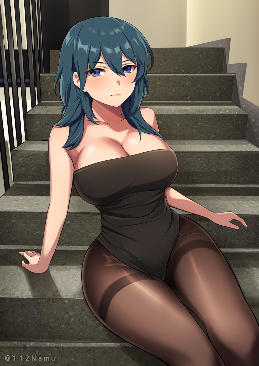 1girls absurdres alternate_costume bangs bare_shoulders black_leotard black_pantyhose blue_eyes blue_hair breasts byleth_(fire_emblem) byleth_(fire_emblem)_(female) cleavage closed_mouth collarbone commentary_request female female female_only fire_emblem fire_emblem:_three_houses hair_between_eyes highres indoors large_breasts leotard looking_at_viewer medium_hair namu_(112namu) nintendo pantyhose sidelocks sitting sitting_on_stairs solo stairs strapless strapless_leotard teal_hair thighband_pantyhose twitter_username