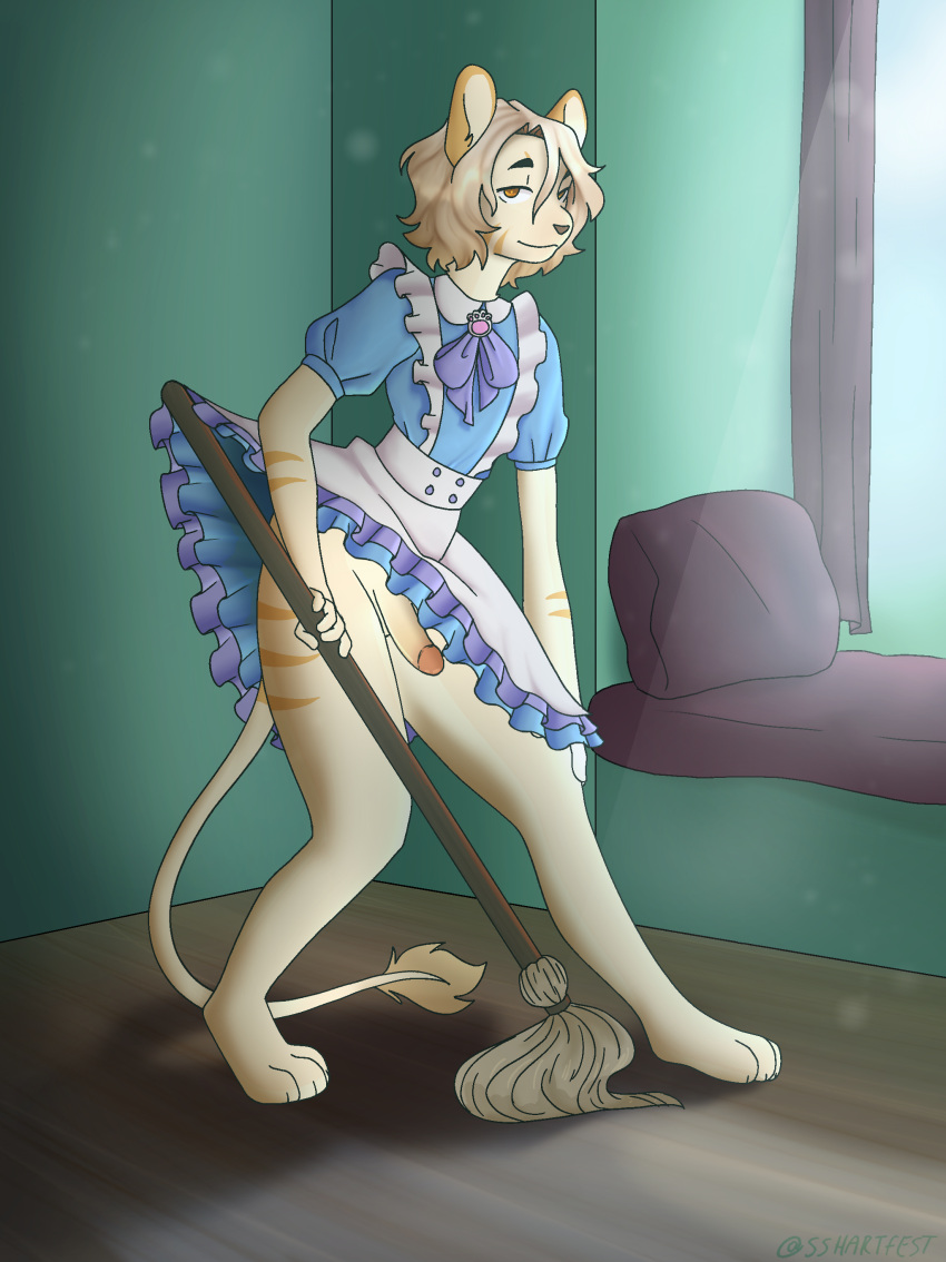 absurd_res anthro bow_(feature) cleaning cleaning_tool clothing dress felid frilly frilly_clothing girly hi_res lion maid_uniform male mammal mop pantherine solo sshartfest uniform window