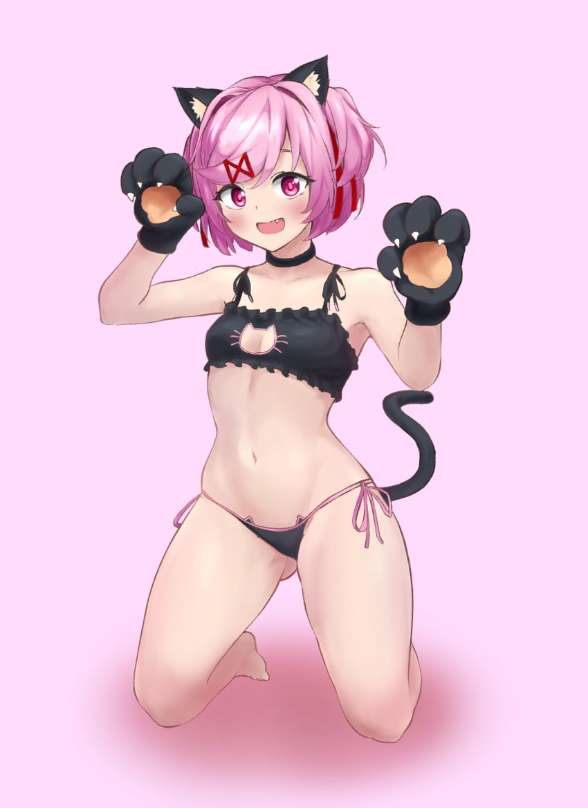 1girls arms_up black_bra black_cat_ears black_cat_tail black_ears black_panties black_tail bra cat_bra cat_cutout cat_ears cat_keyhole_bra cat_keyhole_lingerie cat_lingerie cat_panties cat_tail chidark claws doki_doki_literature_club female female_only lingerie looking_at_viewer natsuki_(doki_doki_literature_club) neko oerba_yun_fang on_knees open_mouth panties paws pink_background pink_eyes pink_hair small_breasts solo tail