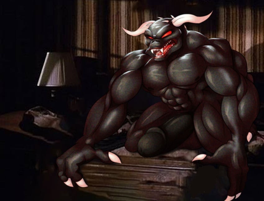 3_fingers abs absurd_res anthro bed bedroom bedside_table biceps big_muscles big_penis black_body black_penis black_skin canid canid_demon circumcised claws demon detailed_background finger_claws fingers forward_arm_support furniture furniture_lamp genitals ghostbusters glans grey_body grey_skin hairless hi_res horn huge_cock huge_muscles humanoid_genitalia humanoid_penis kneeling lamp male mammal muscular muscular_anthro muscular_male nude on_bed open_mouth pecs penis red_eyes screencap screencap_background sharp_claws sharp_teeth snarling solo teeth terror_dog thebigbadwolf01 toe_claws urethra vinz_clortho_(ghostbusters)