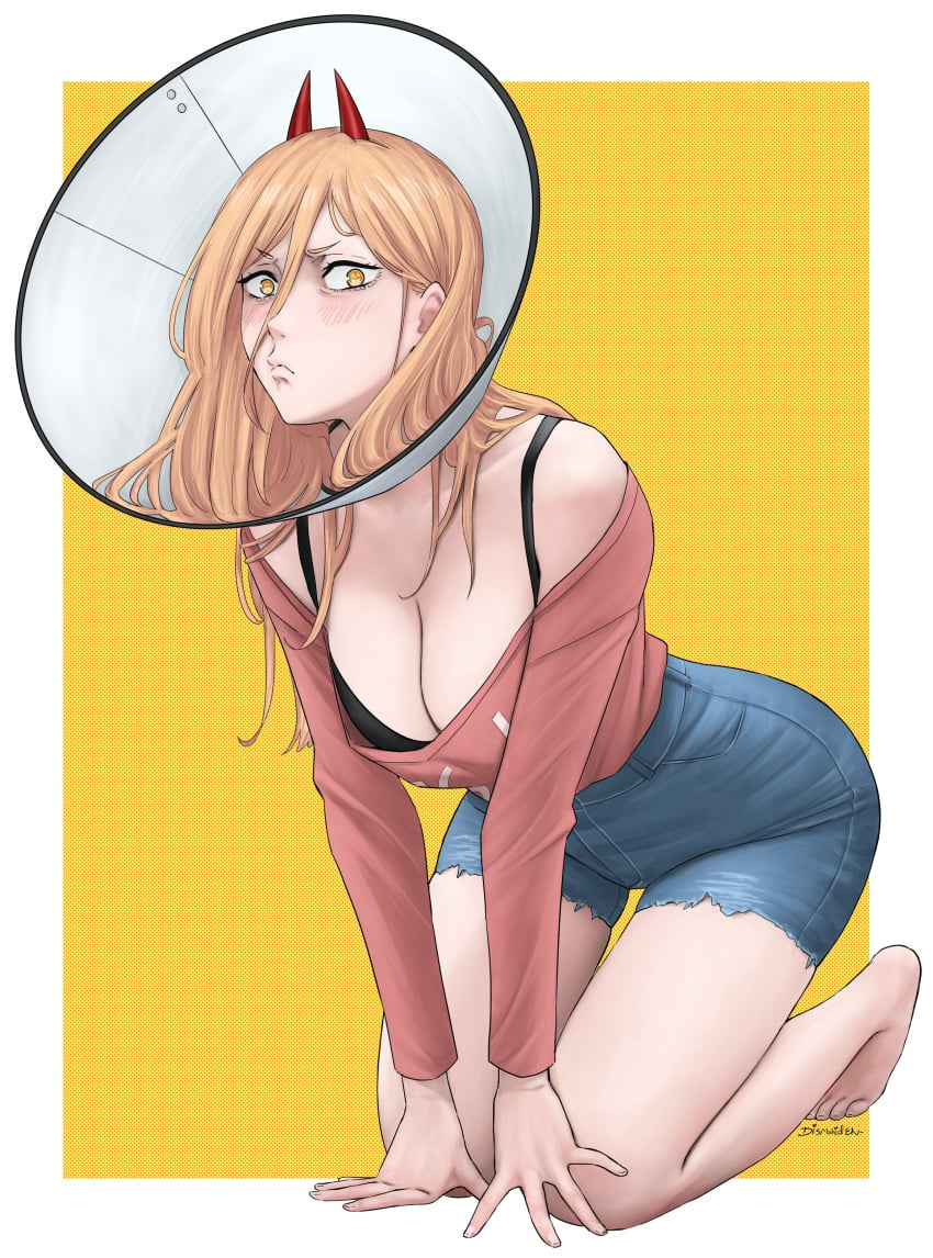 1girls all_fours blonde_hair breasts chainsaw_man cleavage clothing cone_of_shame denim_shorts dismaiden feet horn horns large_breasts orange_eyes orange_hair power_(chainsaw_man) shorts solo