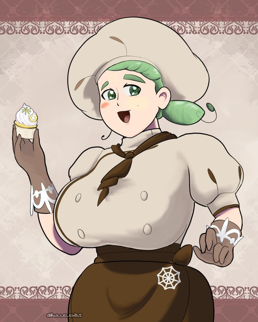 1girls bakery big_breasts bullelewds chubby chubby_female clothed cupcake female female_only fully_clothed green_eyes green_hair gym_leader hat human human_only katy_(pokemon) pinup pokemon pokemon_sv pokemon_trainer wholesome