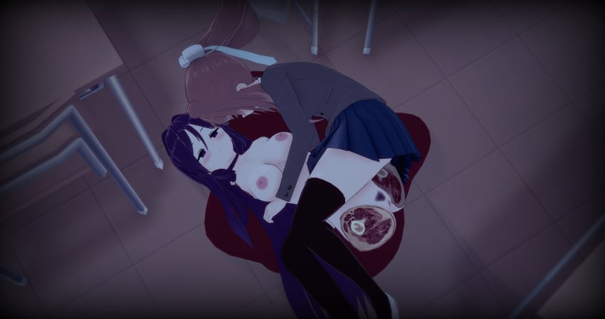 2girls amputee blood blue_skirt bow brown_hair chair classroom corpse dead death desk desks dismemberment doki_doki_literature_club duo female female_death female_only gore guro koikatsu laying_down laying_on_side monika_(doki_doki_literature_club) multiple_girls naked no_legs nude ponytail purple_eyes purple_hair school_uniform skirt snuff snuggling uniform white_bow yuri yuri_(doki_doki_literature_club)