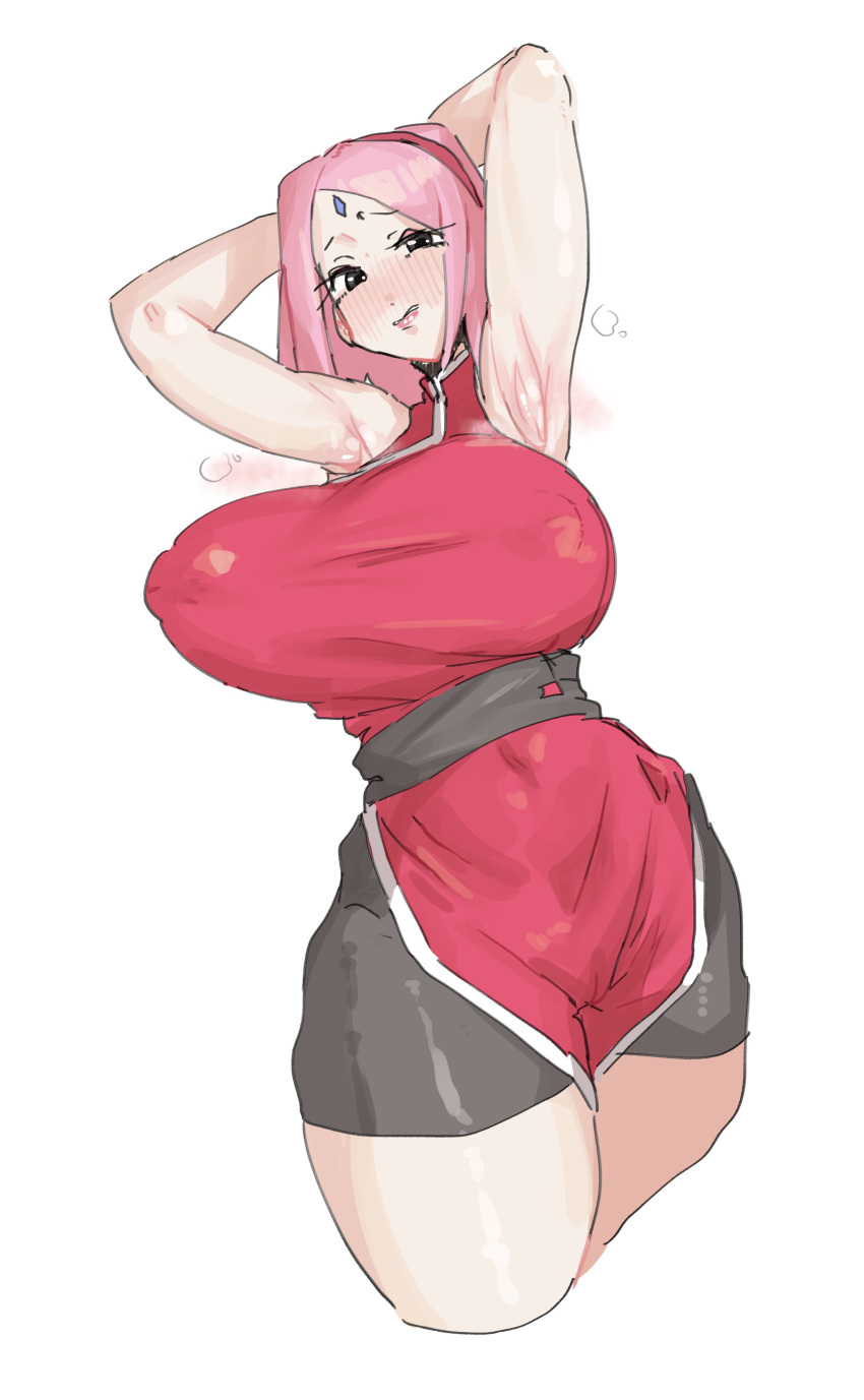 1girls armpit armpits arms_up big_breasts blush bottomwear breasts clothing erect_nipples female female_only forehead_jewel hair hands_behind_head huge_breasts leebongchun naruto naruto_(series) outfit pink_hair sakura_haruno solo solo_female thighs topwear