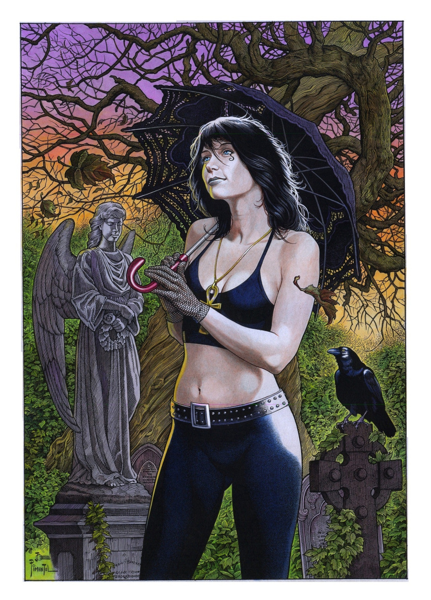 ankh ankh_necklace black_hair black_umbrella cleavage clothed dc dc_comics death_of_the_endless female goth handwear holding_umbrella humanoid joe_pimentel joepimentel necklace neckwear pale_skin pinup studded_belt the_sandman umbrella