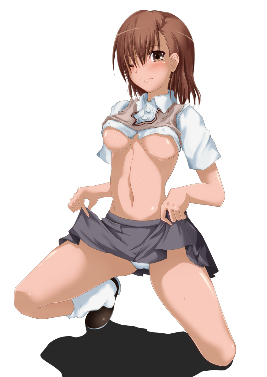 00s 1girls 2009 absurd_res alternate_breast_size arakia blush breasts brown_eyes brown_hair brunette clothes_lift covered_erect_nipples embarrassed female footwear full_body hi_res kneehighs kneeling looking_at_viewer loose_socks medium_breasts midriff misaka_mikoto navel no_bra no_shorts one_eye_closed panties school_uniform schoolgirl shadow shirt_lift shirt_up short_hair skirt skirt_lift socks solo sweat sweater_vest tears teenage_girl teenager to_aru_kagaku_no_railgun to_aru_majutsu_no_index tokiwadai_school_uniform underboob underwear white_background white_panties white_socks wink young