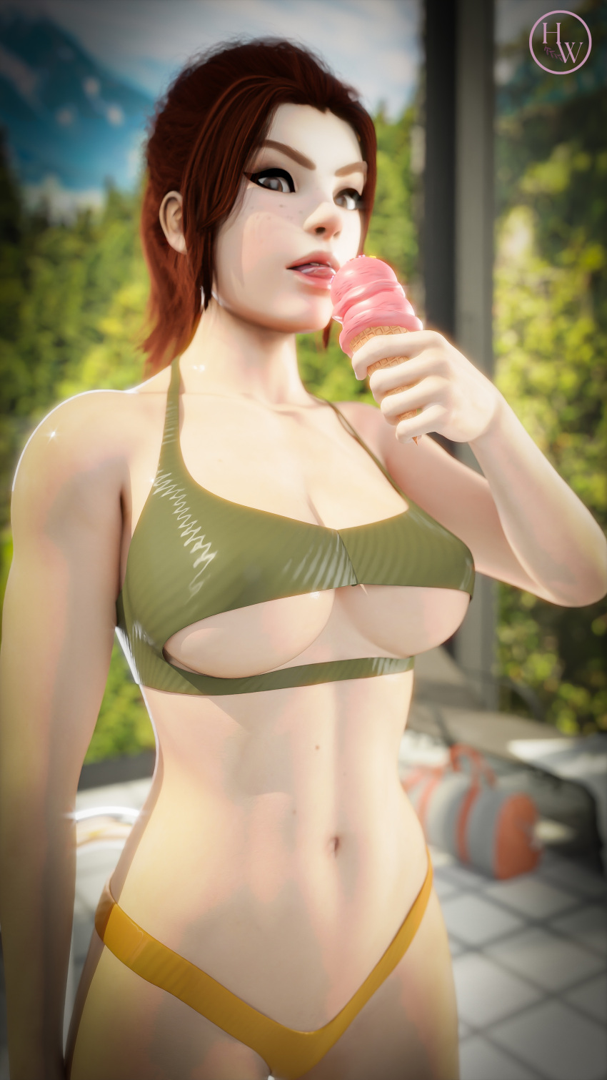 1girls 2022 3d big_breasts bikini bing_chilling brigitte brigitte_lindholm female female_only food hornywitches3d ice_cream licking looking_at_viewer overwatch pool poolside self_upload solo swimming_pool tongue_out