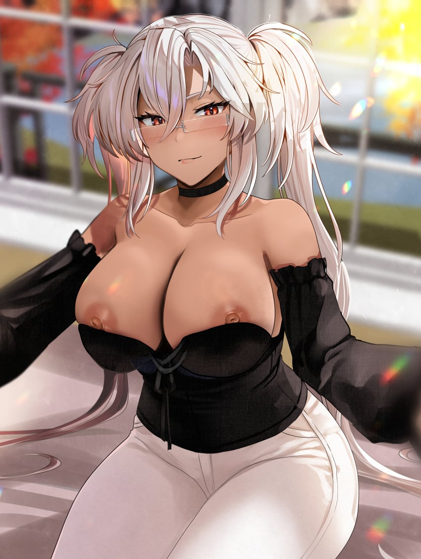 bare_shoulders dark-skinned_female female female glasses kantai_collection large_breasts looking_at_viewer musashi_(kantai_collection) open_mouth red_eyes sitting solo white_hair yunamaro