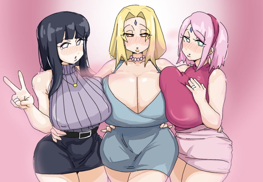 3girls belt big_breasts blonde_hair blush bottom_lip bottomwear breasts brown_eyes cleavage dress female female_only forehead_jewel green_eyes hair hands_on_hips hips huge_breasts hyuuga_hinata large_breasts leebongchun lips mature mature_female mature_woman milf mother multiple_girls naruto naruto_(series) naruto_shippuden neckwear peace_sign pink_hair pink_topwear purple_eyes purple_hair purple_topwear ring sakura_haruno thighs topwear tsunade wedding_ring