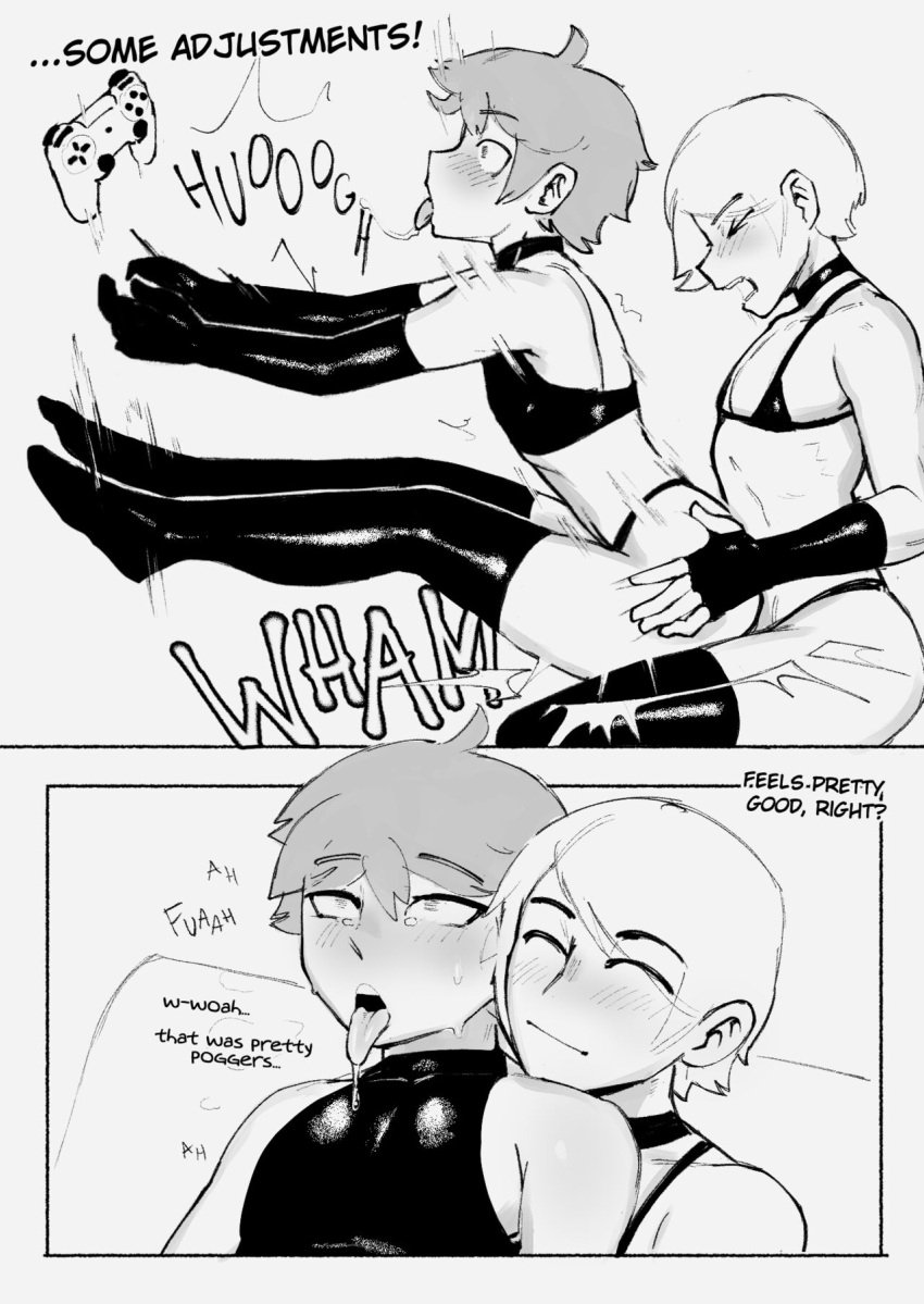 2boys anal balls black_and_white bra bulge cheesecrumbles comic dialogue femboy fingerless_gloves gaming huge_cock male/male male_only monochrome poggers short_hair tagme thighhighs tight_clothing toned twink unnamed_gaymer_with_dark_hair_(cheesecrumbles) unnamed_gaymer_with_light_hair_(cheesecrumbles) yaoi