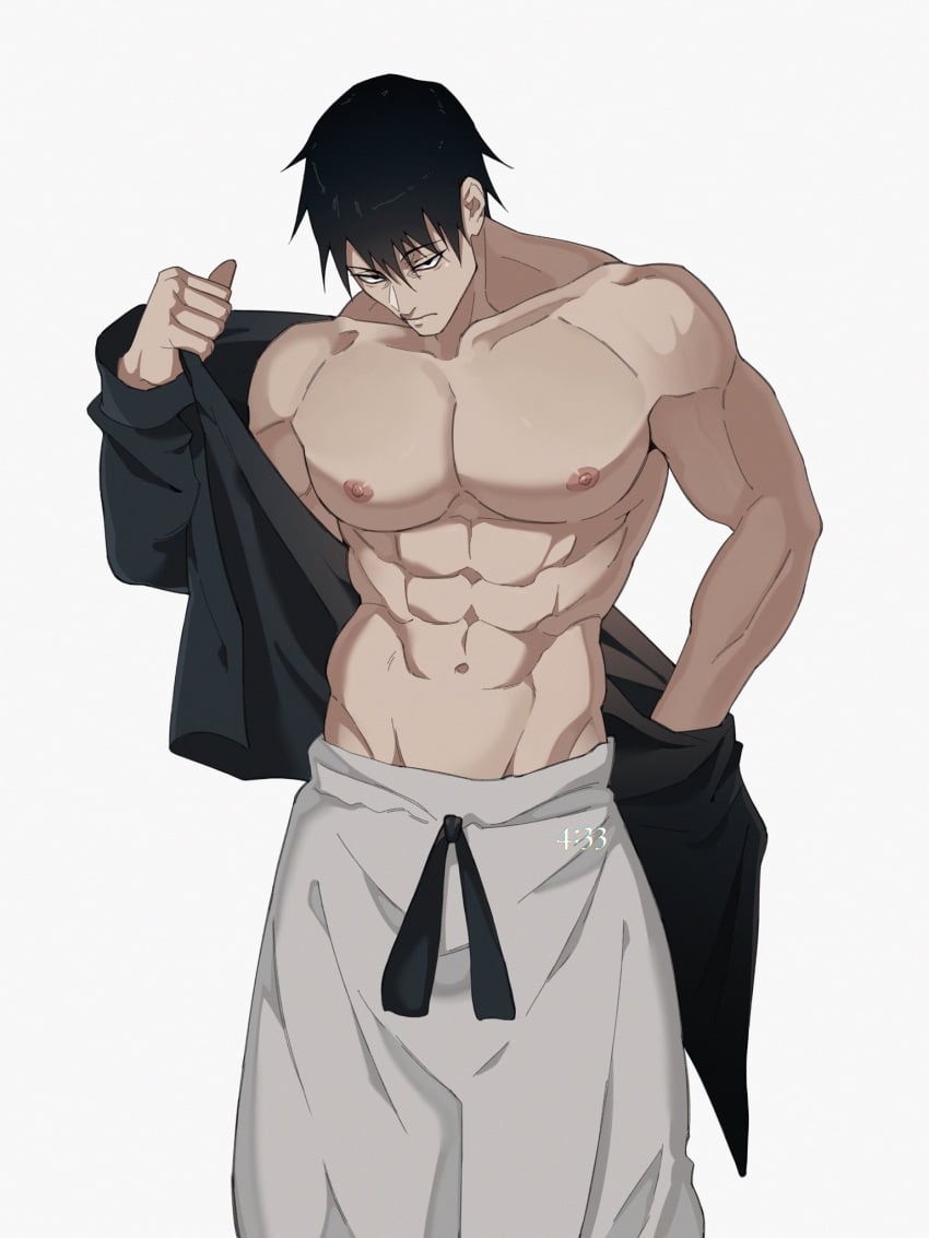 04idontexist 1boy abs bara biceps black_hair exposed_torso jujutsu_kaisen large_pectorals light-skinned_male light_skin looking_at_viewer male male_only muscular muscular_male obliques pants pecs pectorals six_pack solo solo_male toji_fushiguro topless topless_male undressing