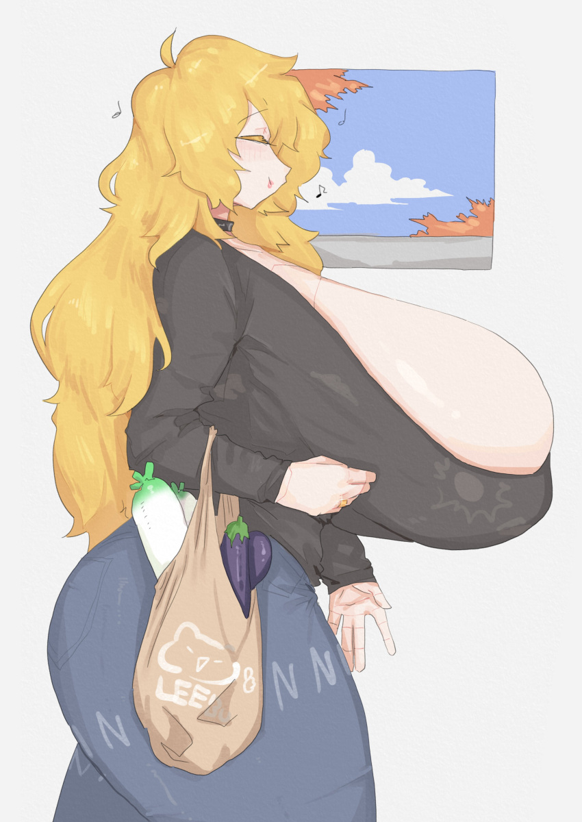 1girls ass bag bakunyuu big_breasts black_topwear blonde_hair blue_pants bottomwear breasts closed_eyes eggplant female female_only gigantic_breasts hair huge_breasts large_breasts leebongchun lips long_hair massive_breasts mature mature_female mature_woman milf musical_note original_character overflowing_breasts pants radish sideboob smile solo solo_female topwear