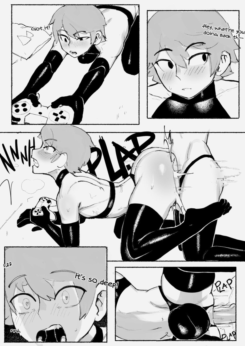 2boys anal balls black_and_white bra bulge cheesecrumbles comic dialogue femboy fingerless_gloves gaming huge_cock male/male male_only monochrome short_hair tagme thighhighs tight_clothing toned twink unnamed_gaymer_with_dark_hair_(cheesecrumbles) unnamed_gaymer_with_light_hair_(cheesecrumbles) yaoi