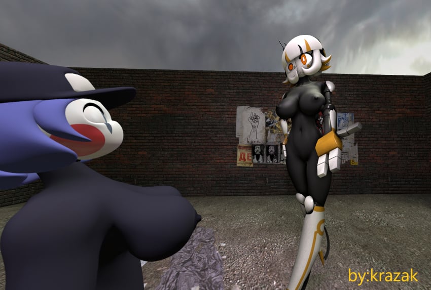 3d_(artwork) absurd_res digital_media_(artwork) duo female female/female five_nights_at_freddy's hi_res humanoid krazak machine nude_female p-body_(portal) portal_(series) robot robot_girl robot_humanoid source_filmmaker staff_bot_(security_breach) staffbot stuffbot stuffbot(nightbotgrey) valve video_games