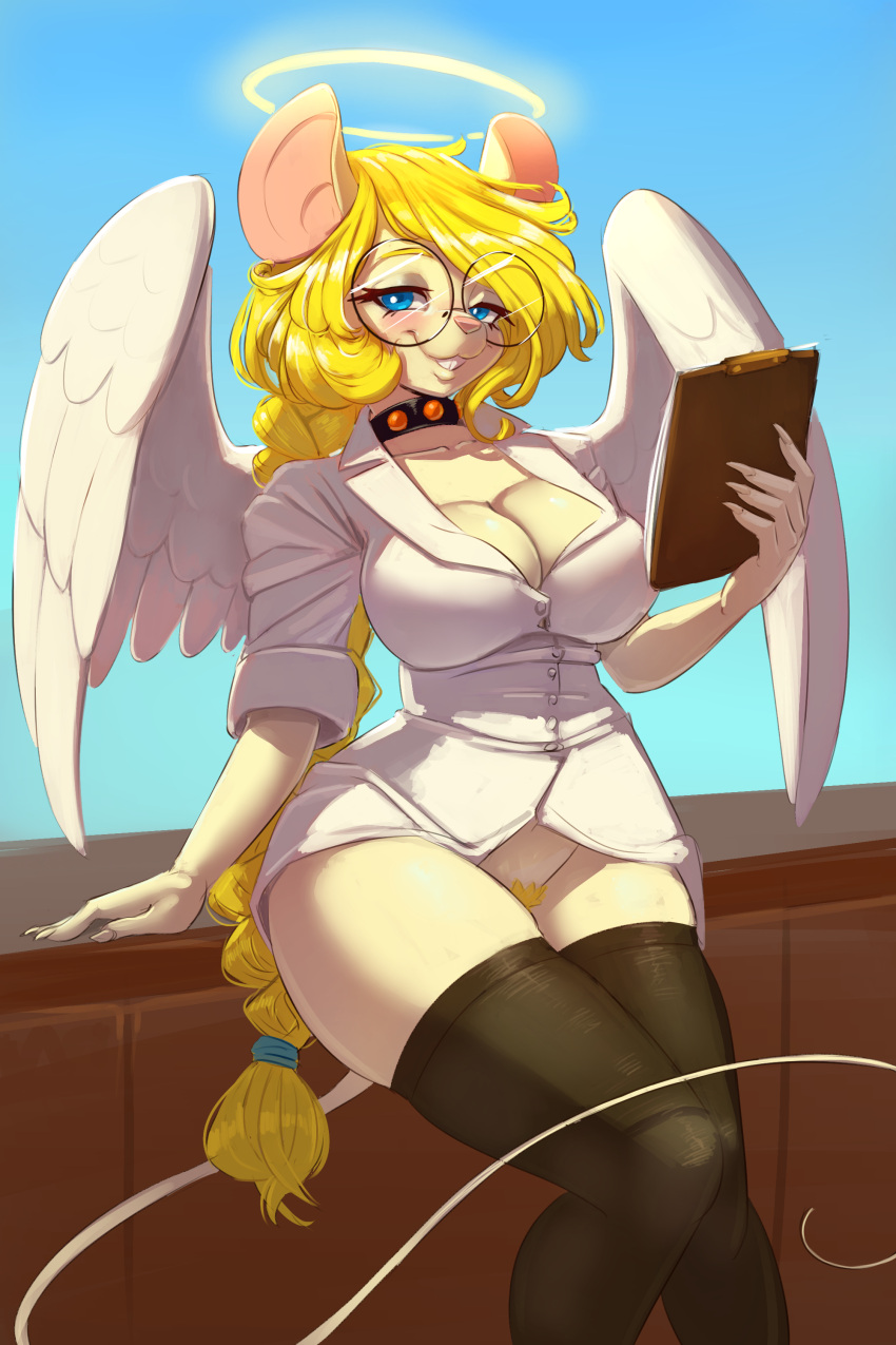 2022 2:3 absurd_res angel anthro big_breasts blonde_hair blue_eyes blush bottomless breasts choker cleavage clipboard clothed clothing eyewear feathered_wings feathers female gekasso glasses hair hi_res holding_clipboard holding_object jewelry legwear looking_at_viewer mammal mouse murid murine necklace original_character pubes rodent smile smiling_at_viewer solo thigh_highs wings